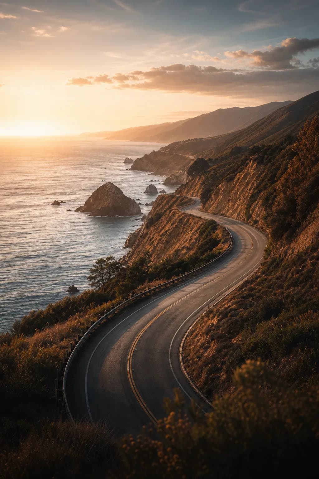 California coastal road above the Pacific at sunset.