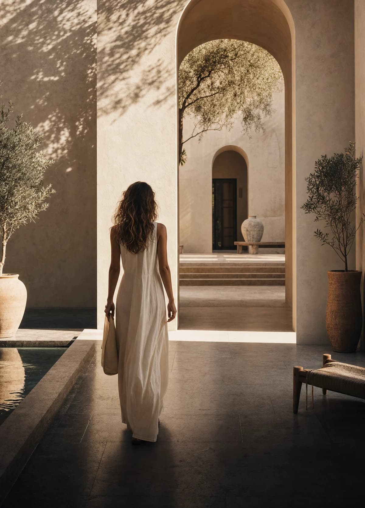 Traveler entering a refined architectural courtyard with sculptural shadows.