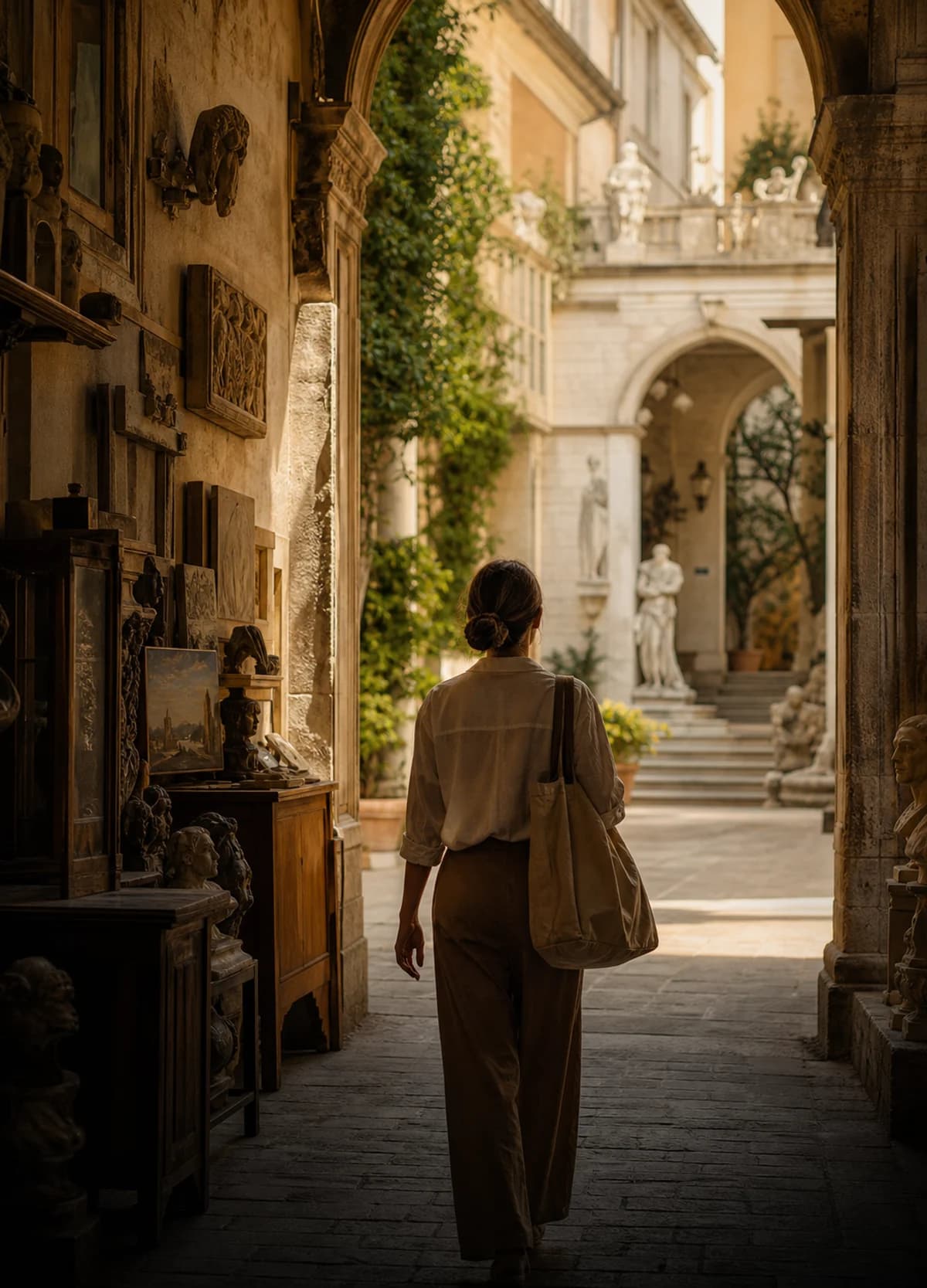 Traveler exploring a historic gallery courtyard with old-world textures.