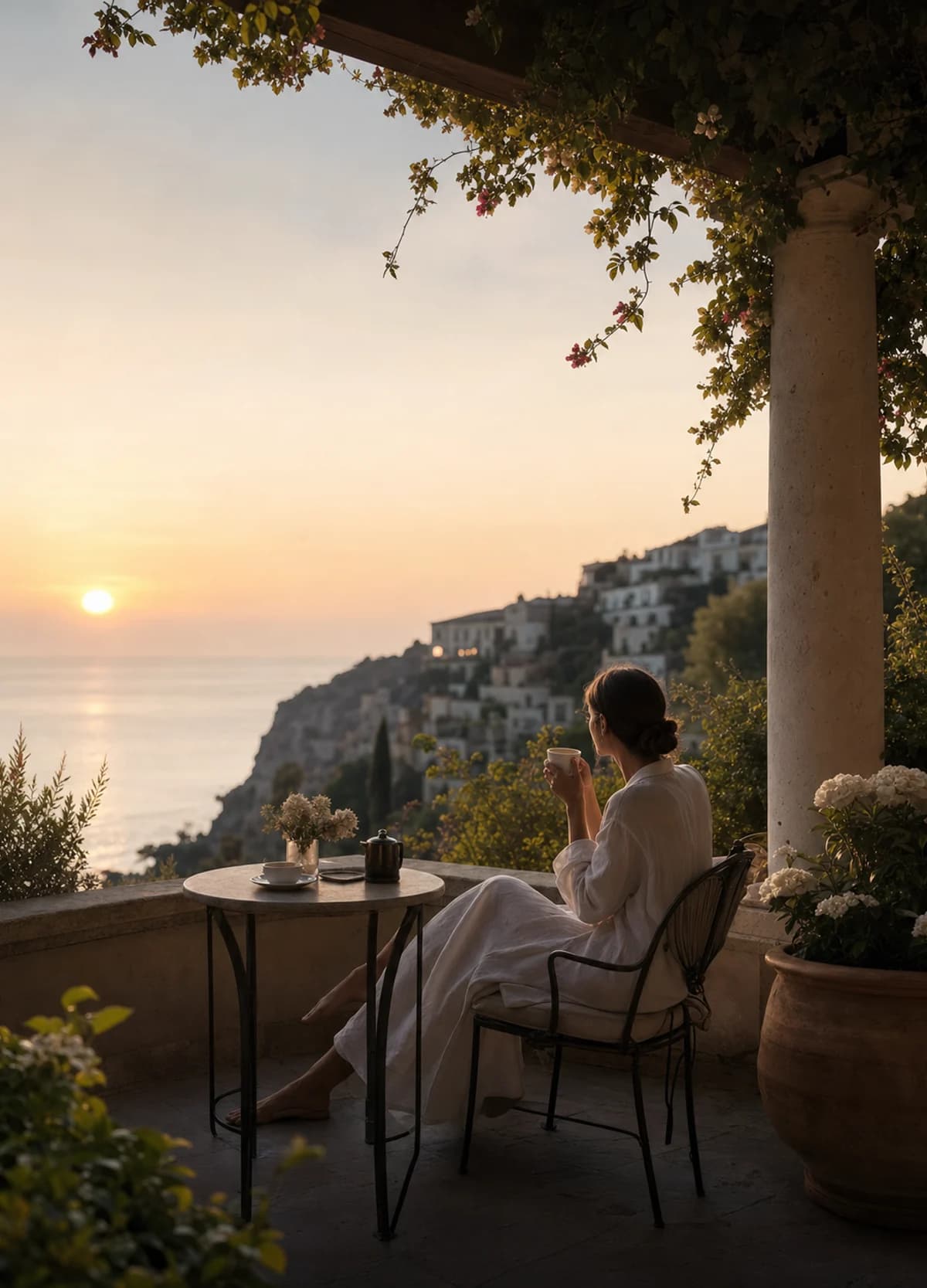 Solo traveler having coffee on a quiet coastal terrace at dawn.
