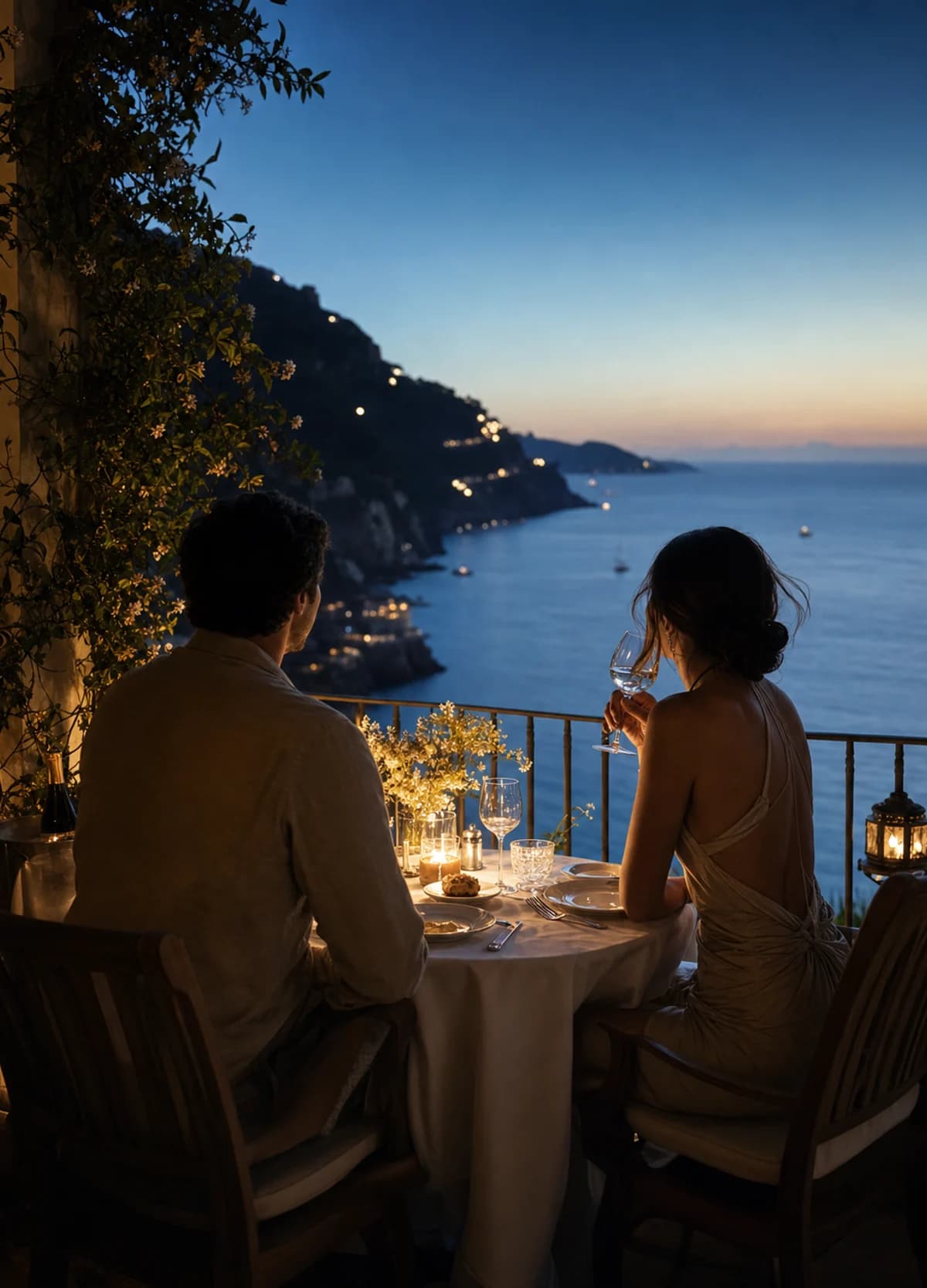 Elegant couple dining by candlelight on a coastal balcony at blue hour.
