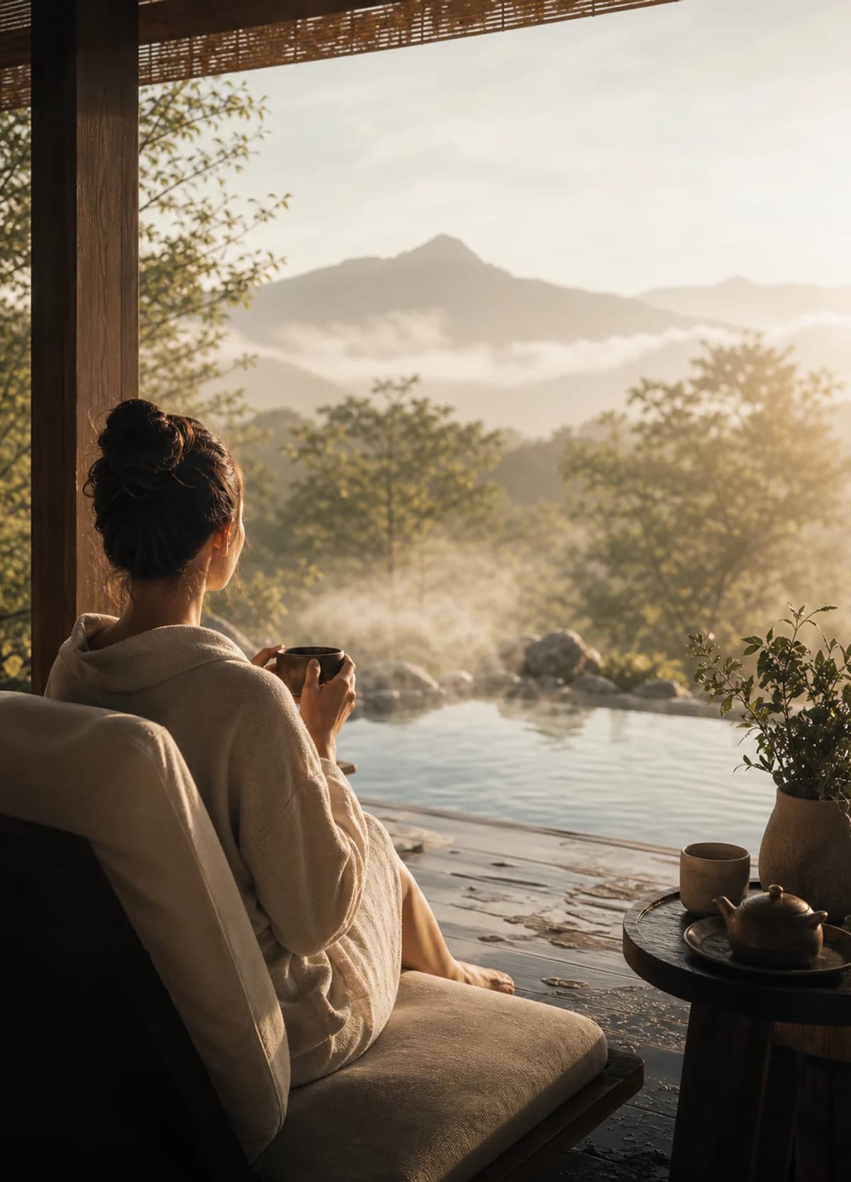 Traveler resting beside a serene hot spring with misty mountain views.
