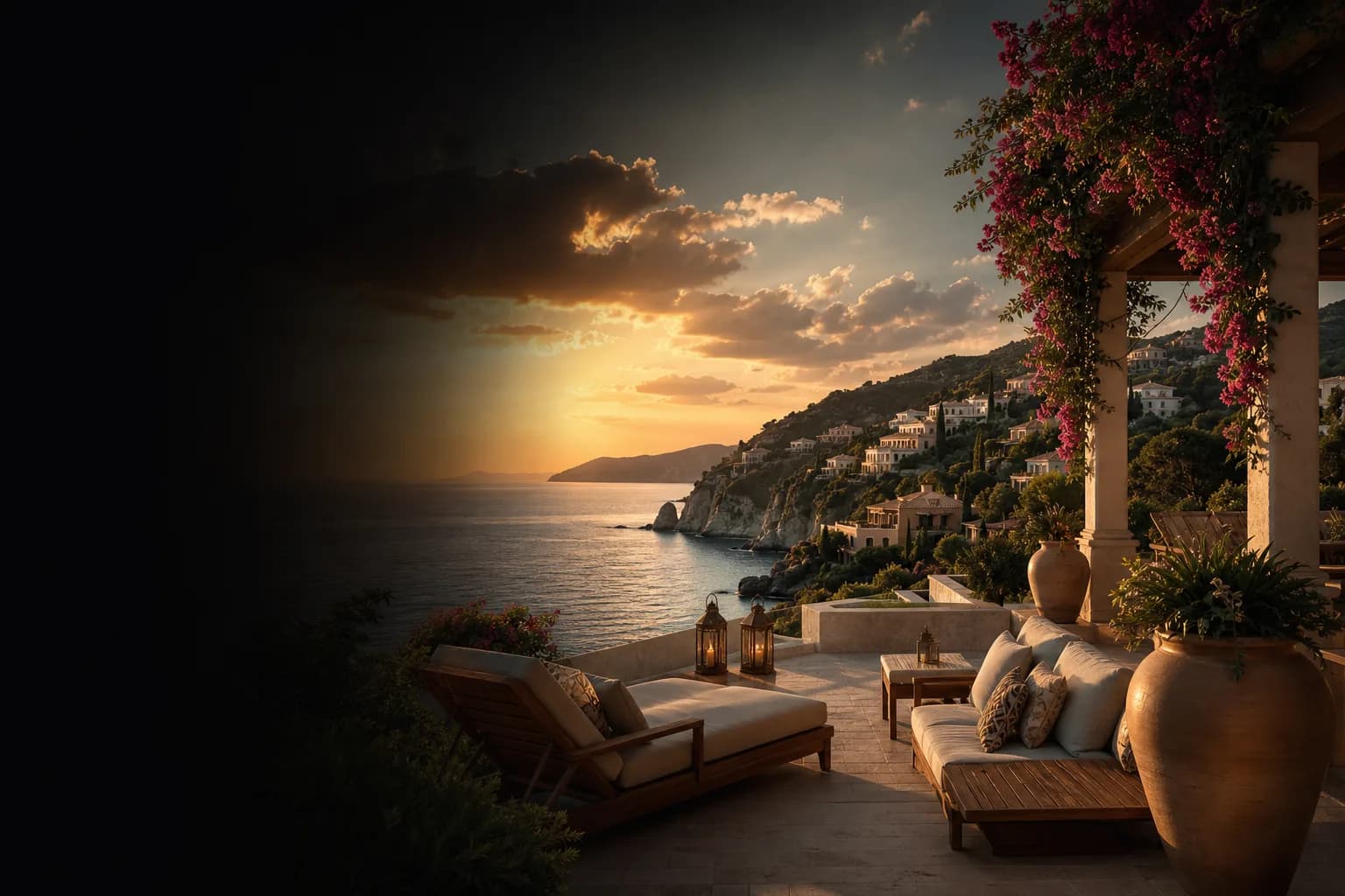 Cinematic coastal terrace at sunset with sea view and bougainvillea.