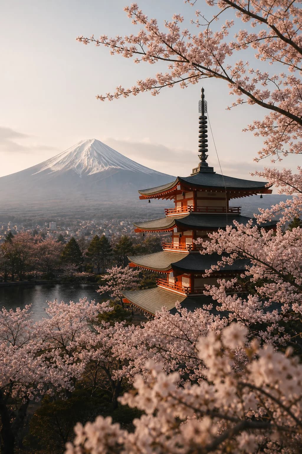 Japan spring travel scene with cherry blossoms.