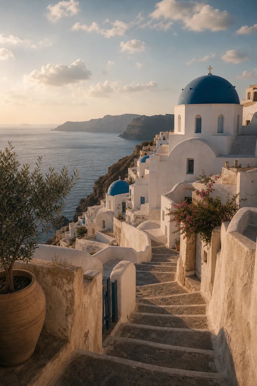 Mediterranean architecture and distant sea.
