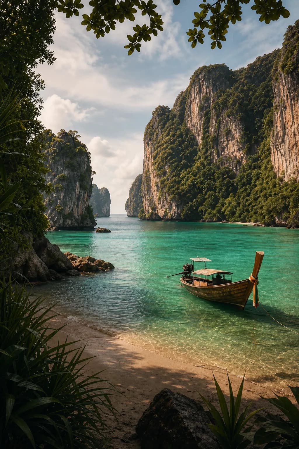 Thailand bay with limestone cliffs and clear blue water.