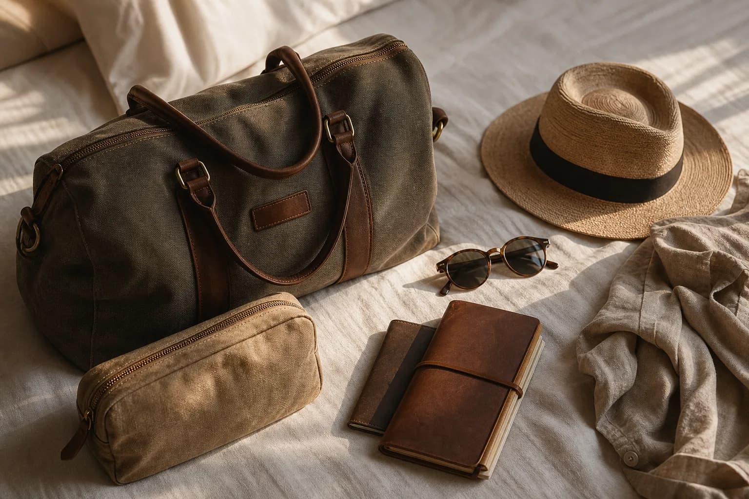 Elegant travel still life in warm window light.