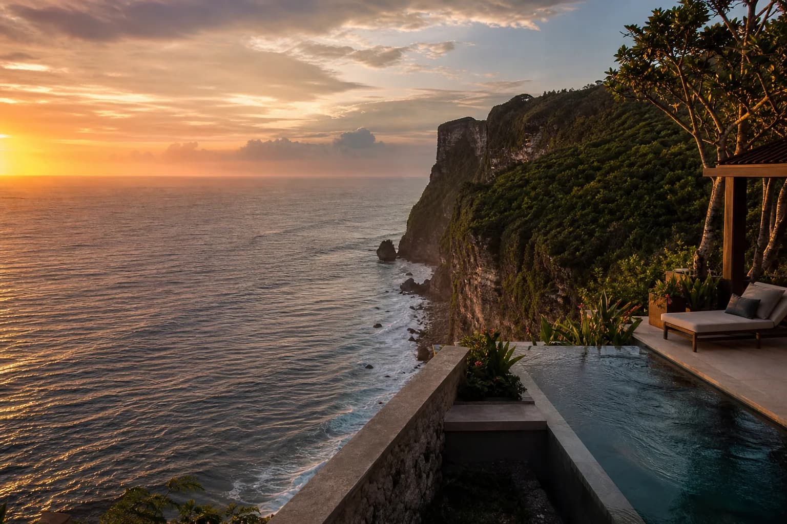 Illustrative Bali honeymoon route with limestone cliffs, ocean horizon, and private villa atmosphere.