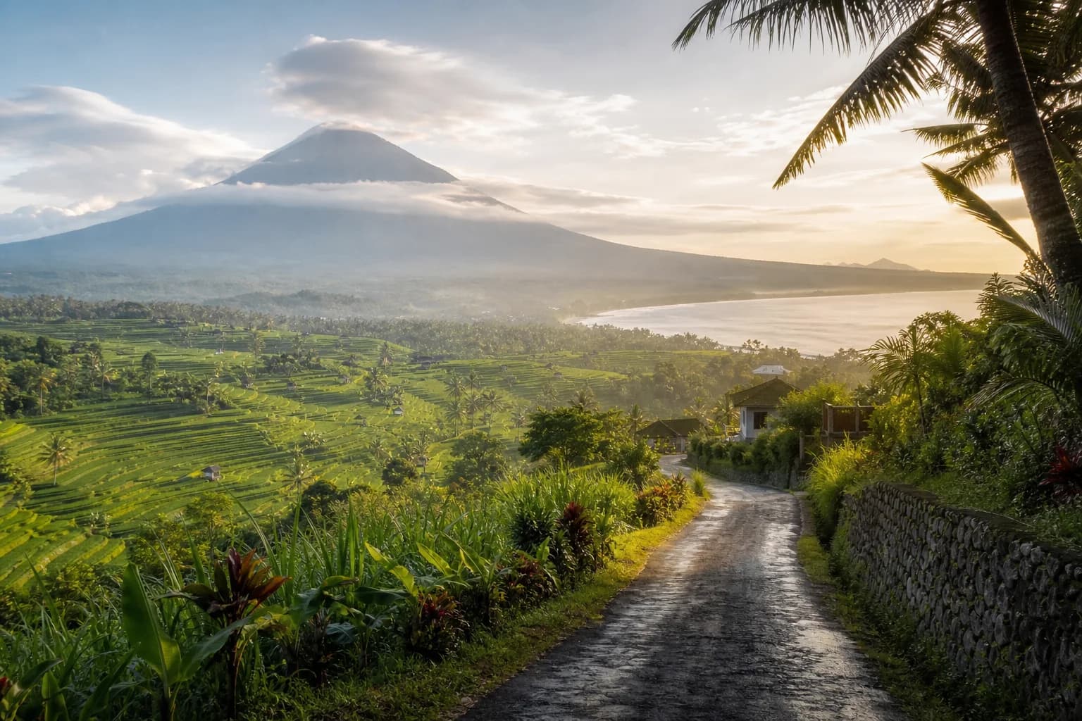 Illustrative east Bali soft adventure route with volcano, rice terraces, coastal light, and a quiet road.