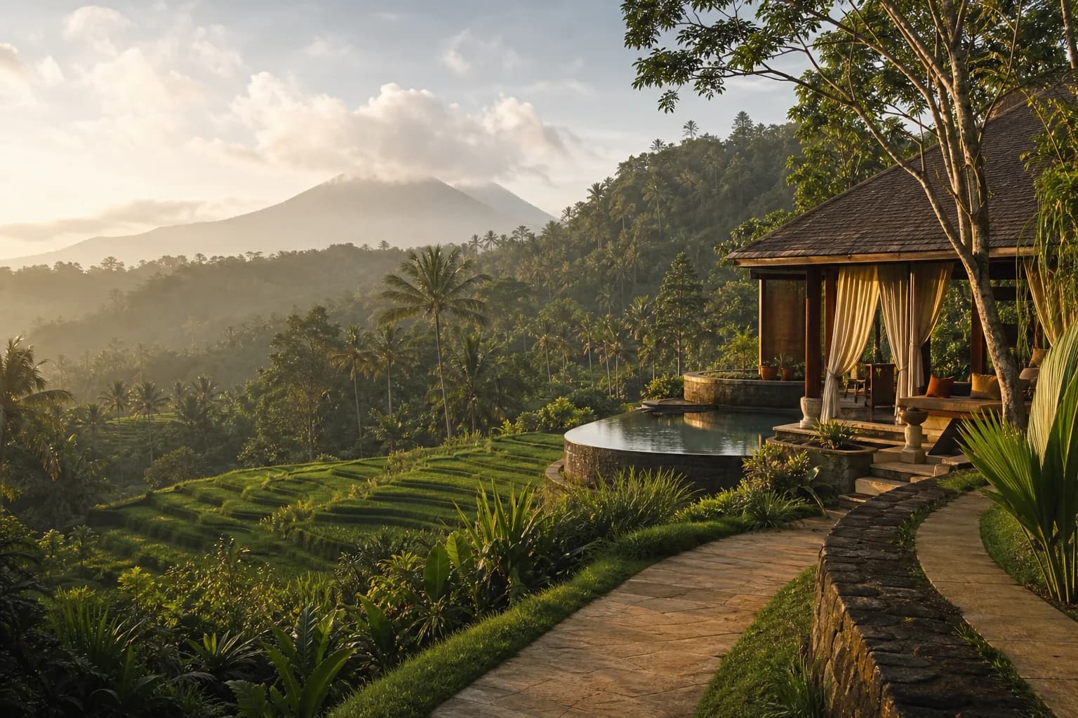 Illustrative Bali wellness route with rice terraces, tropical hills, and a quiet retreat mood.